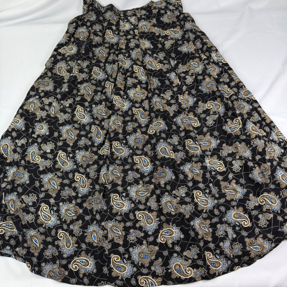 Vintage Take Away Black Paisley Rayon Midi Skirt Pockets Elastic Waist Large